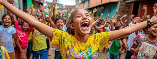 Joyful brazilian child celebrating carnival in colorful street festival. Brazilian girl smiling during vibrant carnival celebration in lively street.