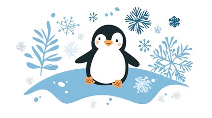 Fototapeta premium Penguin Fun on Ice - Playful Children's Book Style Illustration of a Cute Penguin Sliding with Snowflakes in Icy Blues and Whites