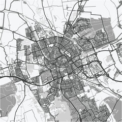 Map of Groningen in Netherlands in grayscale. Contains layered vector with roads water, parks, etc.