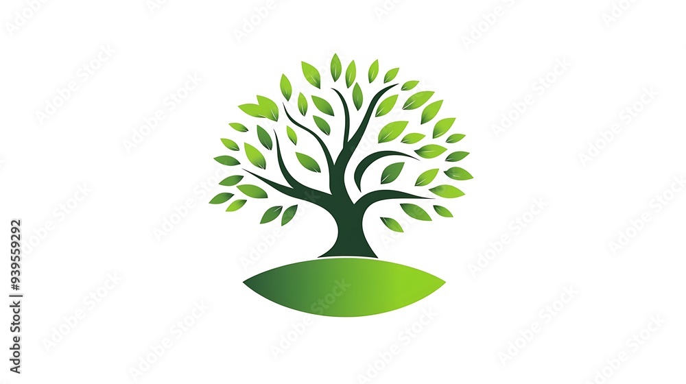 Poster minimalistic tree and leaf logo design vector in green on white background with geometric shapes for