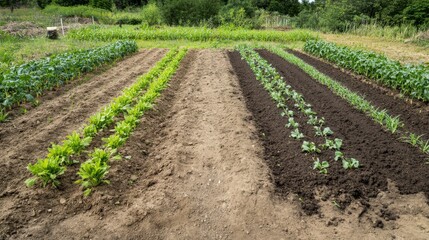 Obraz premium This garden plot features neatly arranged rows of soil, highlighting areas prepared for planting. Lush greenery surrounds the freshly tilled earth, ready for seeds