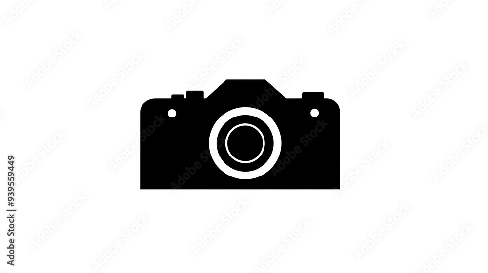 Poster modern camera and lens logo design in black on white background with geometric shapes - vector graph