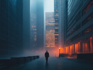 A Solitary Investor Walking Through an Abandoned Financial District Landscape
