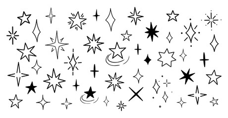 Big vector collection of stars and shining elements in doodle style. Hand drawn illustration of shine and sparkle. Isolated on white background