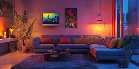 Modern living room with couch, plants, and artwork.
