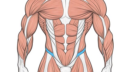 Detailed Vector Illustration of Oblique Muscles and Abdominal Muscle Development in Adult Male on White Background