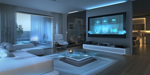 Modern living room with smart home technology.
