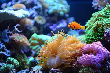 Obraz premium Clownfish swimming through a colorful and diverse coral reef
