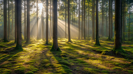 Obraz premium Serene Misty Morning in Pine Forest with Sun Rays Penetrating Trees and Casting Shadows on Mossy Floor