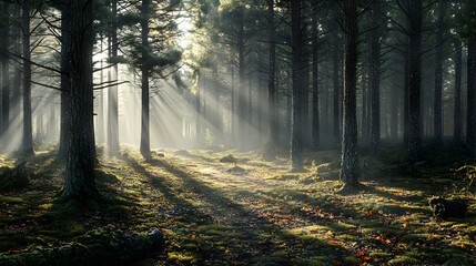 Obraz premium Enchanting Misty Morning Forest with Sun Rays and Pine Trees