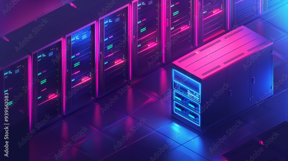 Canvas Prints An image of a modern server room with blue and purple neon lights, showcasing servers and data storage units in a futuristic setting.