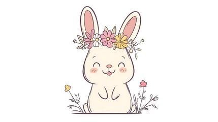 Fototapeta premium Adorable Delighted Bunny with Flower Crown Clipart in Kawaii Style Illustration