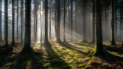 Fototapeta premium Serene Sunrise in Enchanted Pine Forest - Sun Rays, Shadows, Mossy Ground