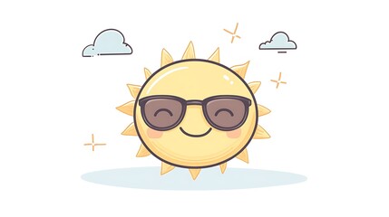 Fototapeta premium Sunny Sun with Sunglasses, Cute Kawaii Style Clipart Illustration on White Background - Fun and Cheerful Sun Mascot Drawing