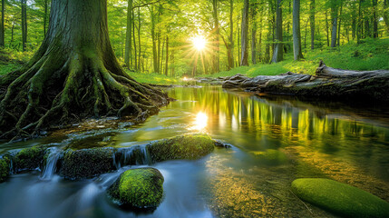 Fototapeta premium Tranquil Forest Stream in Lush Green Woodland with Rocks and Tree Roots by Water's Edge