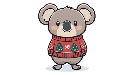 Fototapeta premium Festive Koala Doodle in Kawaii Style Holiday Sweater - Cute Clipart Illustration with Black Outline on White Background