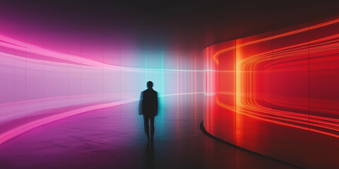 Fototapeta premium Futuristic Architecture with Neon Lights and Silhouette