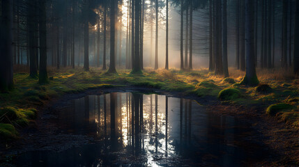 Serene Forest Clearing at Dawn with Reflection Pond and Towering Trees Embracing First Light of Day