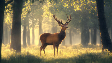 Serene Deer in Majestic Forest Glade with Soft Morning Light