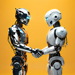 Fototapeta premium Handshake Between Robots/ Robo hand shaking technological background Artificial intelligence robot technology concept