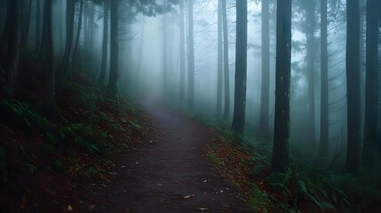 Fototapeta premium Mysterious Misty Forest Trail - Enchanting Path through Dense Woods with Tree Silhouettes Fading Away