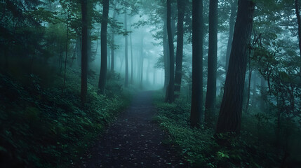 Obraz premium Enigmatic Foggy Forest Trail in Dark Woods with Tree Silhouettes