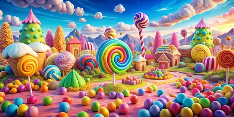 A Candy Land Fantasy 3D Rendered Landscape of Lollipops, Candy Houses, and Sparkling Eggs, Candy Land, Fantasy World, Sweet Dreams, Dreamscape