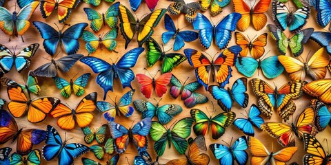 A Colorful Symphony of Butterflies A Close-up Perspective, Composed of Vibrant Colors and Intricate Patterns on a Wooden Background, butterfly, nature, insect, wings,