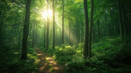 Fototapeta premium A serene forest scene with sunlight filtering through trees, creating a tranquil atmosphere.