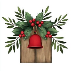 A Christmas bell hanging on a barn door clipart, festive decor, watercolor painting, isolated on white background