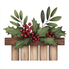 A Christmas garland wrapped around a farm fence clipart, holiday decoration, watercolor illustration, isolated on white background