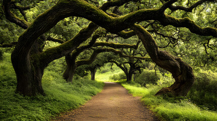 Enchanted Forest Trail: Majestic Oak Trees Forming Natural Archway over Pathway in Lush Woodland Setting