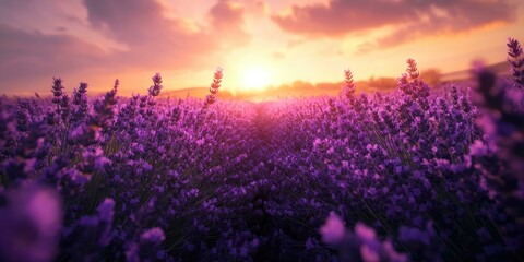 Obraz premium Purple lavender field at sunset.