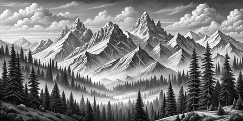 A Misty Mountain Forest, Black and White, Oil Painting, Landscape, Mountains, Forest, Nature