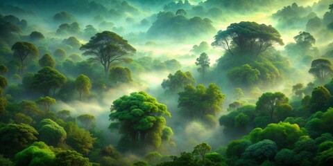 A Misty Morning in the Rainforest, Aerial Perspective, Lush Green Canopy with Sunlit Fog, Nature, Forest, Landscape, Foggy