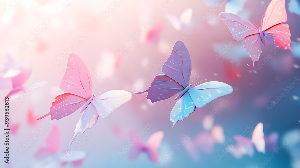 Poster whimsical 3d render of paper butterflies in transparent frames with pastel colors and geometric patt