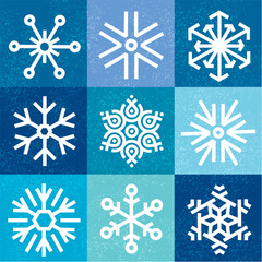 White snowflake icon set on blue background with snow texture. Modern, geometric line snowflake winter background. Bauhaus design. Minimalist style seamless pattern, abstract geometric 