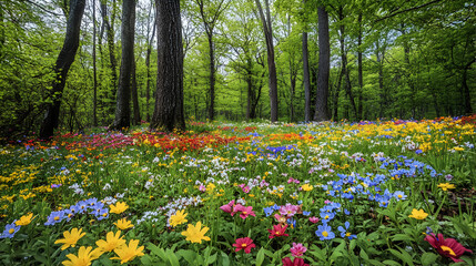 Obraz premium Enchanting Forest in Springtime - Colorful Wildflowers Blanketing the Forest Floor with Fresh Green Leaves Above