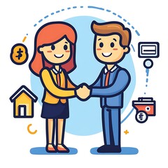 Happy Real Estate Agents Shaking Hands with Keys, House, and Dollar Sign Icons - Cartoon Style Illustration on White Background
