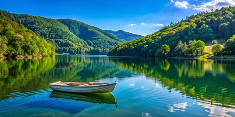 Obraz premium A Rowboat on a Tranquil Mountain Lake with Reflections, rowboat, mountain lake, nature, serenity , reflection
