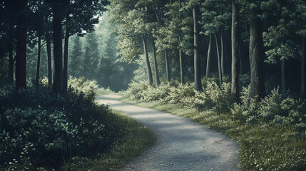 Obraz premium Serene Forest Pathway: Scenic Road winding through Lush Woodland with Towering Trees and Bushes Along Trail