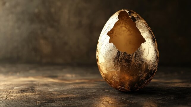 Luxurious gold Easter egg cracked open, revealing an empty space within, set against a minimalist, elegant backdrop with room for custom messaging.