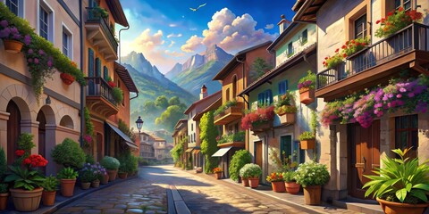 Fototapeta premium A Sunny Italian Village Street, Digital Painting, Cobblestone Street, Colorful Flowers, Mountain View, Italian village, cobblestone street