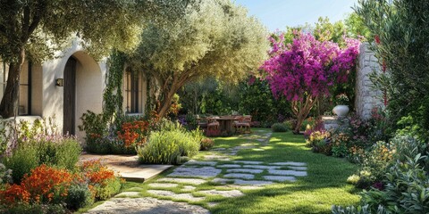 Obraz premium Stone path through a lush garden with a house.