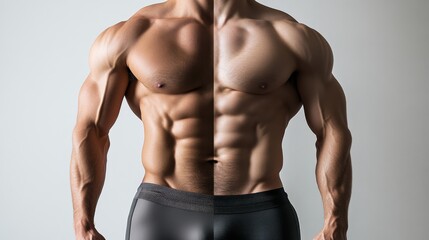 Fototapeta premium A person showcases their abdominal muscles in a before-and-after comparison, highlighting the progress made through fitness training in a bright indoor location