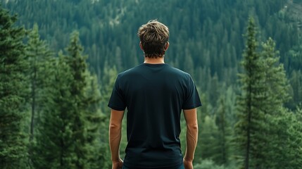 A man in a black t-shirt stands with his back to the camera, gazing at a lush green forest.