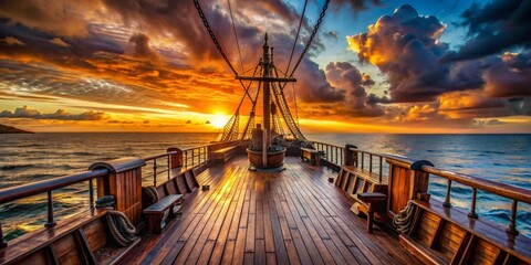 Fototapeta premium Aboard the Ship, Golden Hour, Seascape, Sunset, Deck, Ocean, Sailboat