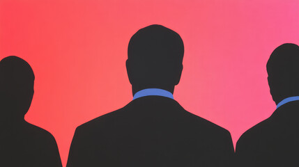 Fototapeta premium The image features three silhouetted figures in black suits seen from behind, standing against a deep red background, emphasizing form and contrast in the composition.