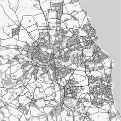 Fototapeta premium Map of Newcastle in United Kingdom in grayscale. Contains layered vector with roads water, parks, etc.