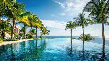 Fototapeta premium A serene infinity pool overlooking the ocean with palm trees under a bright blue sky.